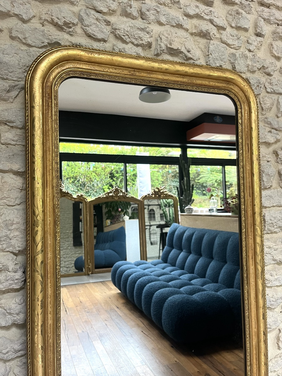 Antique Mantelpiece Mirror 158,5/74,5cm Louis-philippe Gold Leaf Engraved Decoration, Trumeau-photo-1