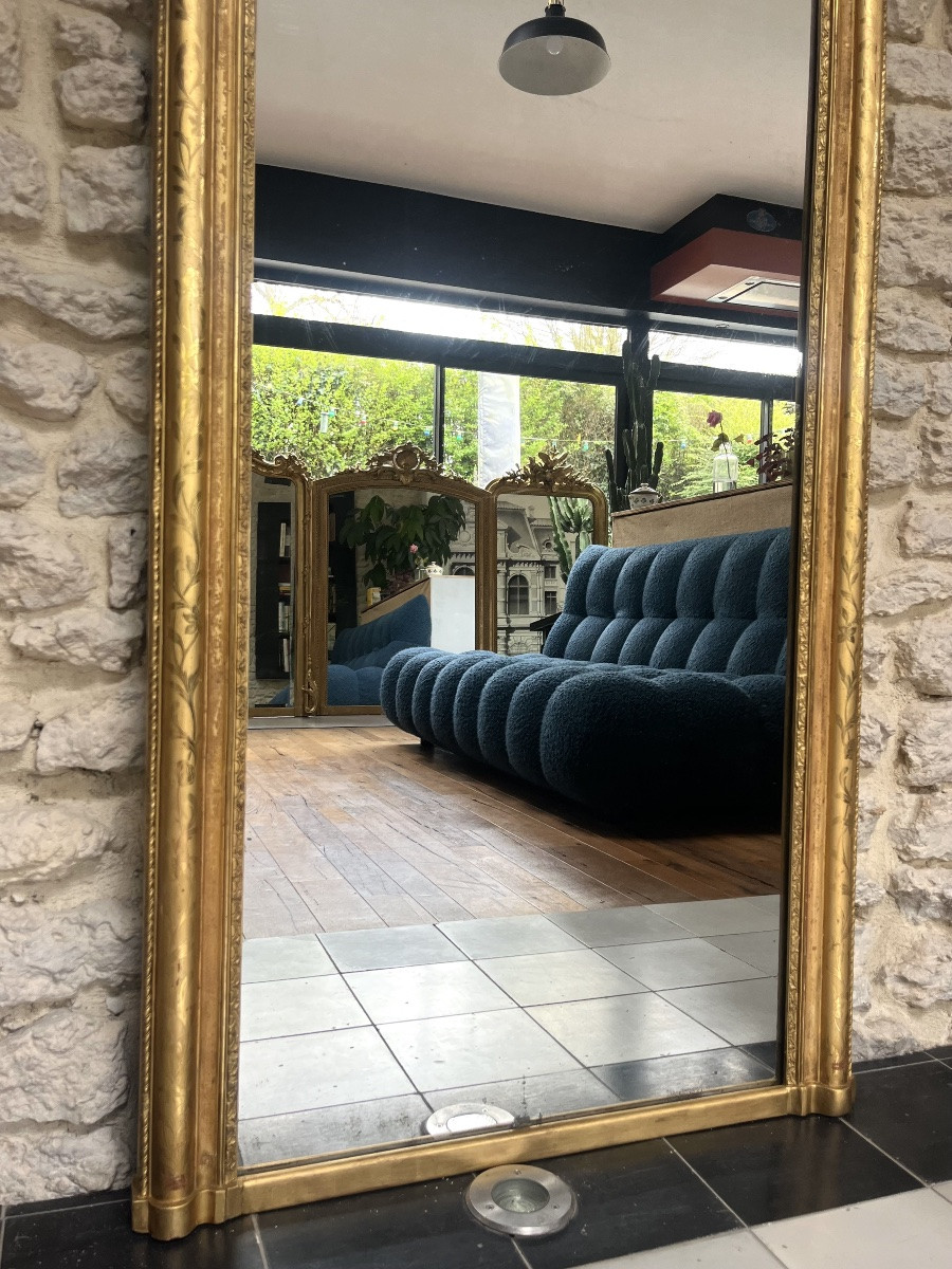 Antique Mantelpiece Mirror 158,5/74,5cm Louis-philippe Gold Leaf Engraved Decoration, Trumeau-photo-3