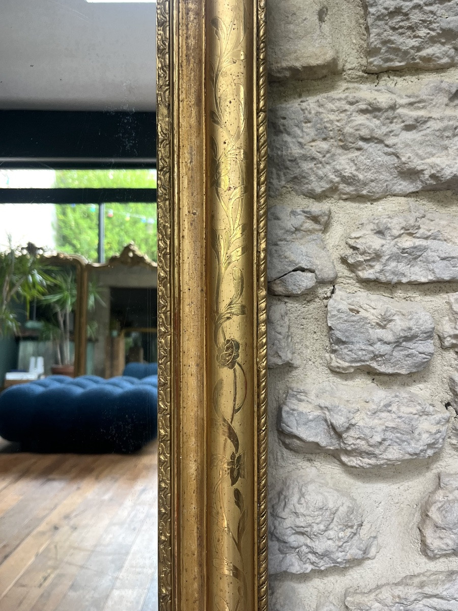 Antique Mantelpiece Mirror 158,5/74,5cm Louis-philippe Gold Leaf Engraved Decoration, Trumeau-photo-4
