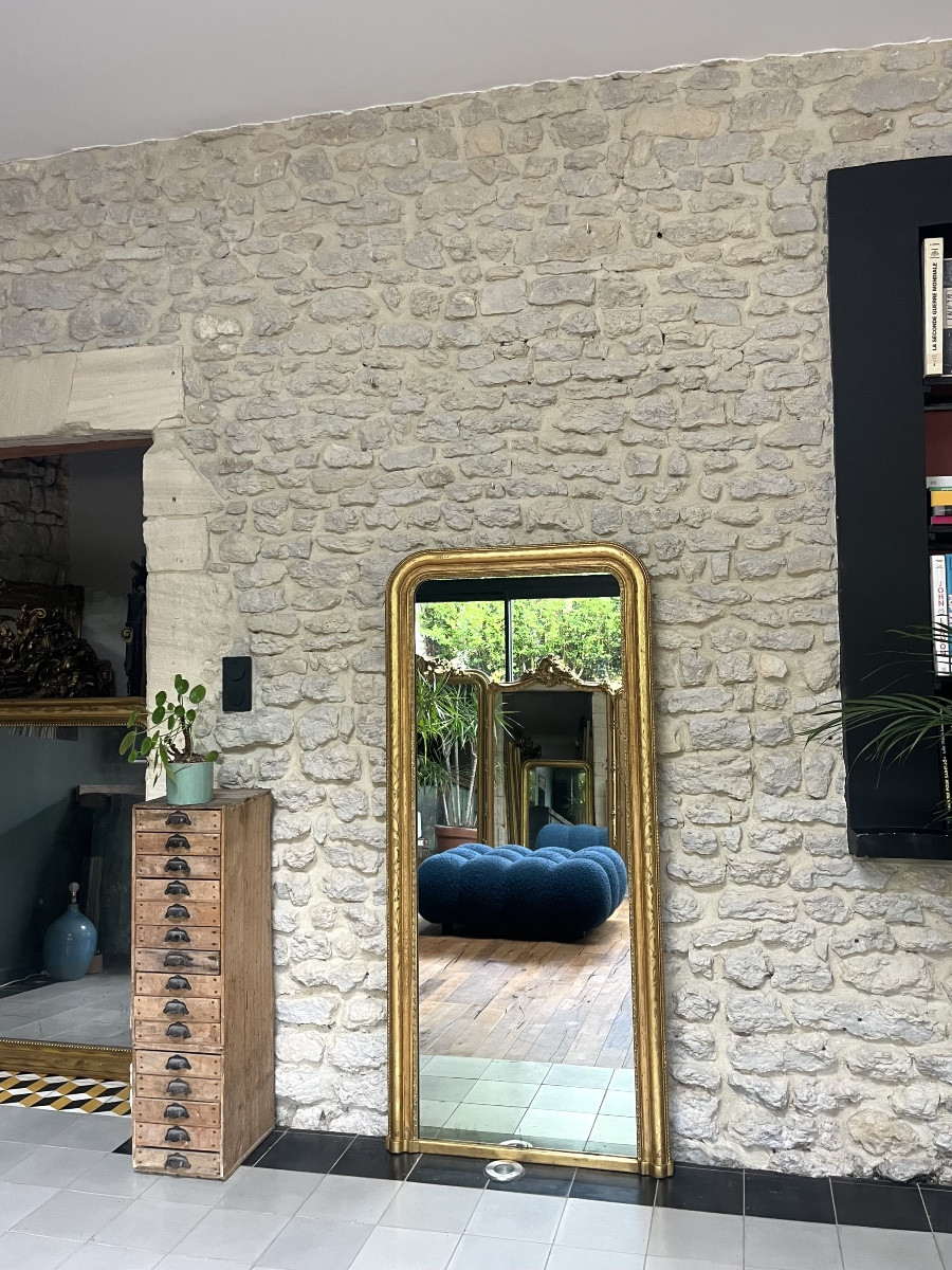 Antique Mantelpiece Mirror 158,5/74,5cm Louis-philippe Gold Leaf Engraved Decoration, Trumeau