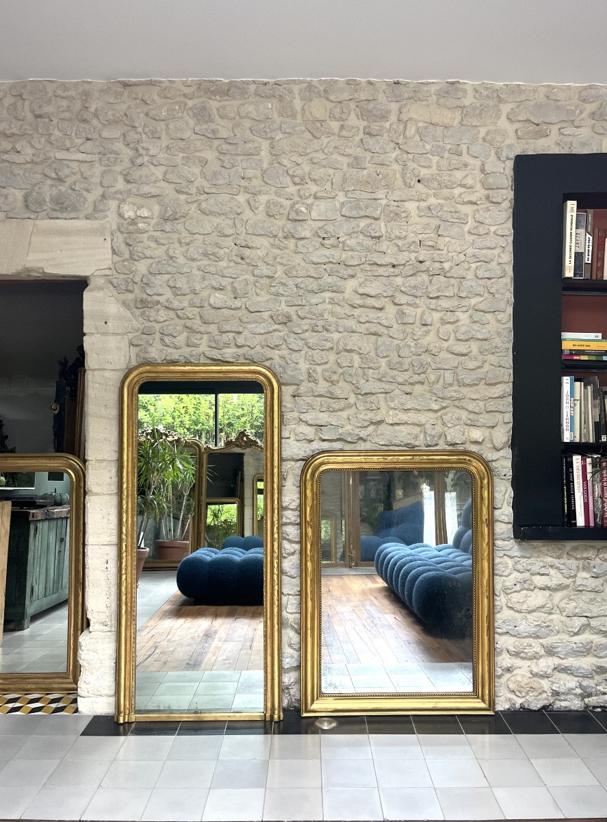 Miroir ancien doré à la feuille d’or, glace au mercure, trumeau de cheminée.  -photo-1