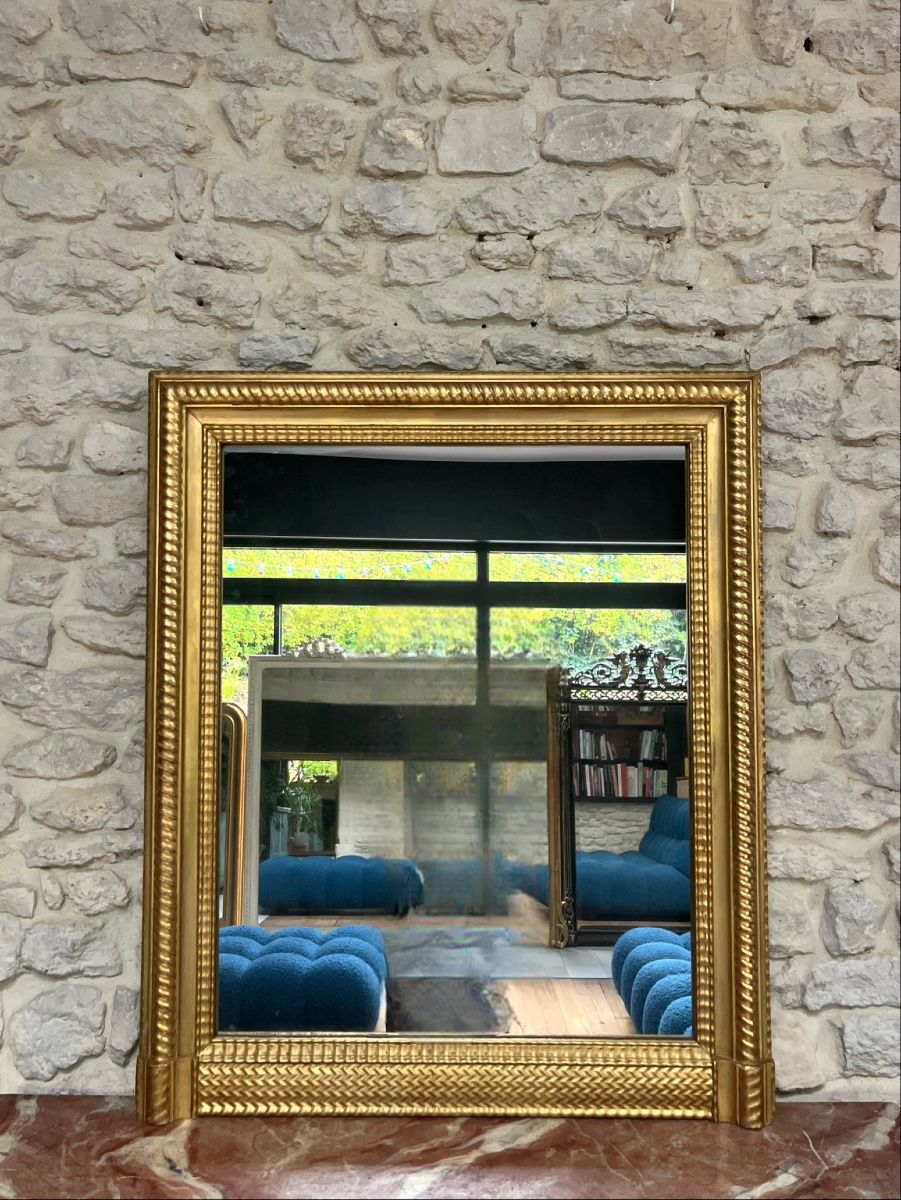 Miroir ancien doré à la feuille d’or, glace au mercure, trumeau de cheminée.  -photo-7