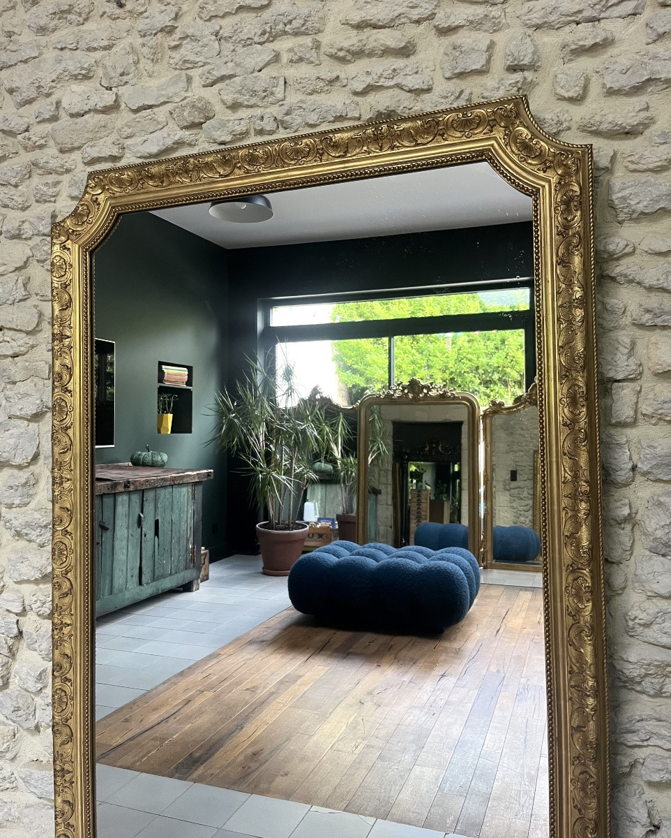 Antique Beaded Mantelpiece Mirror 168.5/111.5cm Gilded With Gold Leaf, Mantelpiece Trumeau-photo-2