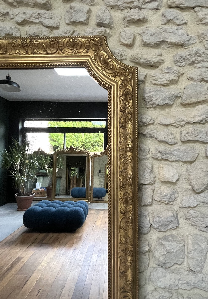 Antique Beaded Mantelpiece Mirror 168.5/111.5cm Gilded With Gold Leaf, Mantelpiece Trumeau-photo-3