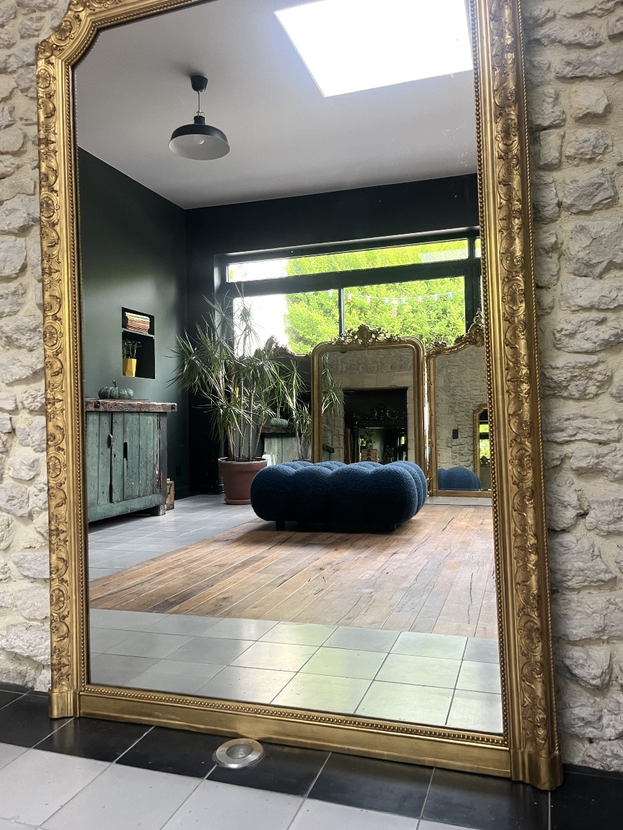 Antique Beaded Mantelpiece Mirror 168.5/111.5cm Gilded With Gold Leaf, Mantelpiece Trumeau-photo-2