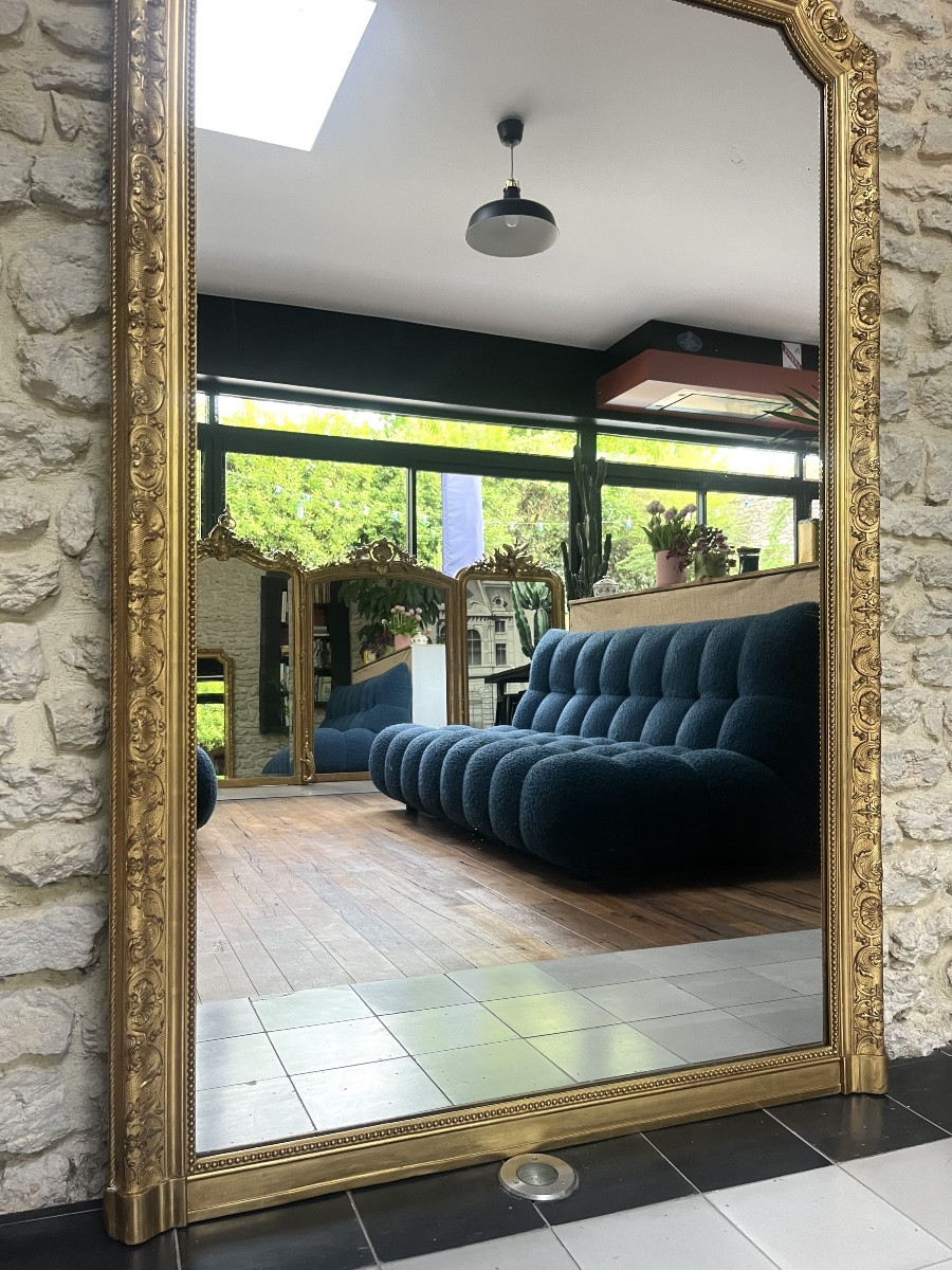 Antique Beaded Mantelpiece Mirror 168.5/111.5cm Gilded With Gold Leaf, Mantelpiece Trumeau-photo-3