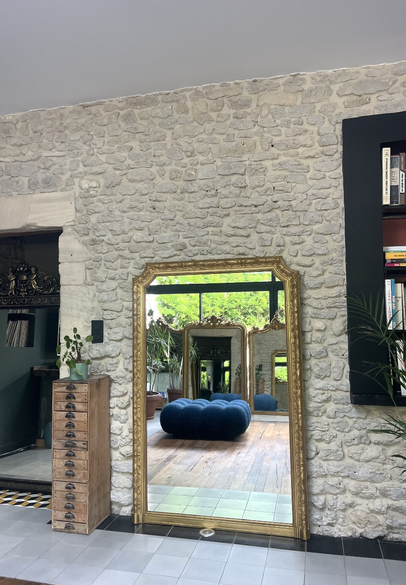Antique Beaded Mantelpiece Mirror 168.5/111.5cm Gilded With Gold Leaf, Mantelpiece Trumeau-photo-4