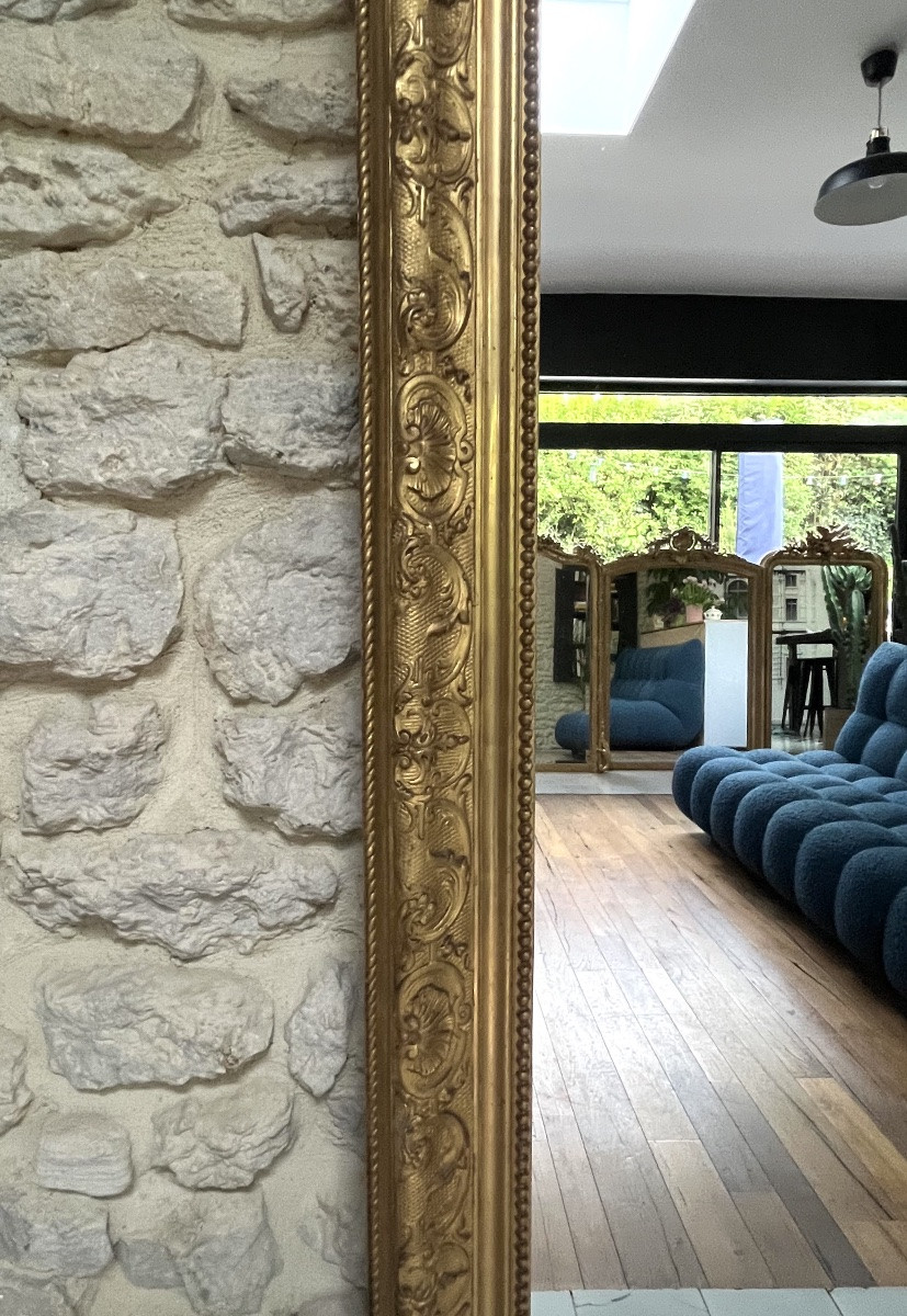 Antique Beaded Mantelpiece Mirror 168.5/111.5cm Gilded With Gold Leaf, Mantelpiece Trumeau-photo-5