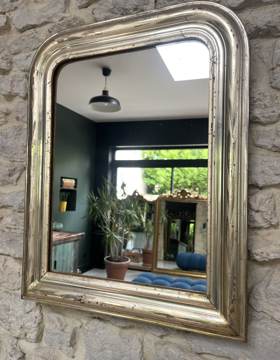 Antique Louis-philippe Mirror 60/48cm Gilded With Silver Leaf, Mantelpiece-photo-3