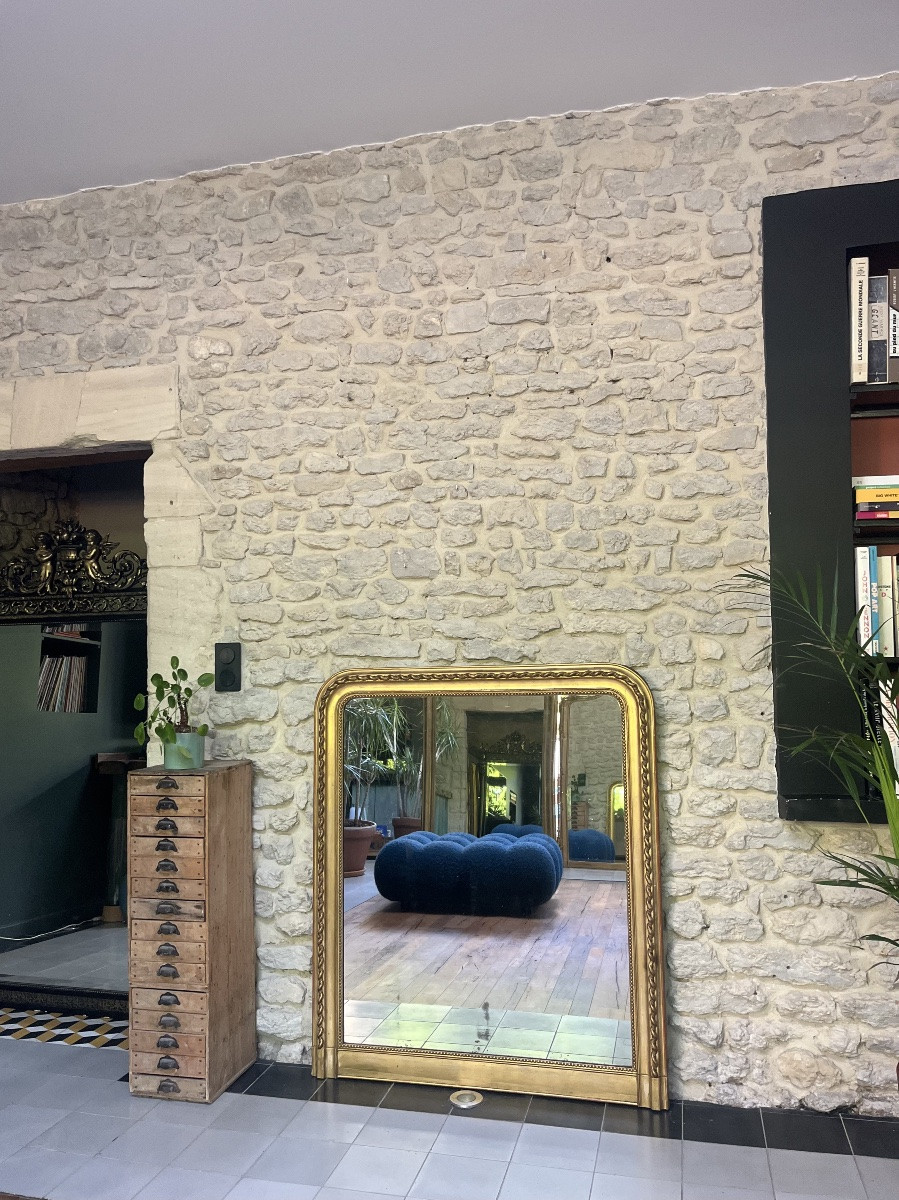 Antique Mantelpiece Mirror 121/103cm Louis-philippe Beaded Gilded With Gold Leaf, Mercury Glass-photo-3