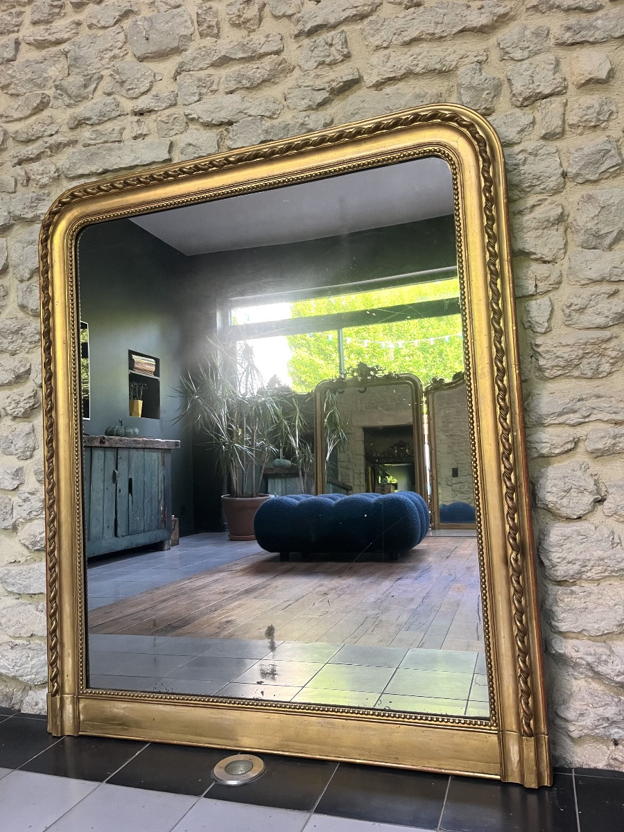 Antique Mantelpiece Mirror 121/103cm Louis-philippe Beaded Gilded With Gold Leaf, Mercury Glass-photo-2