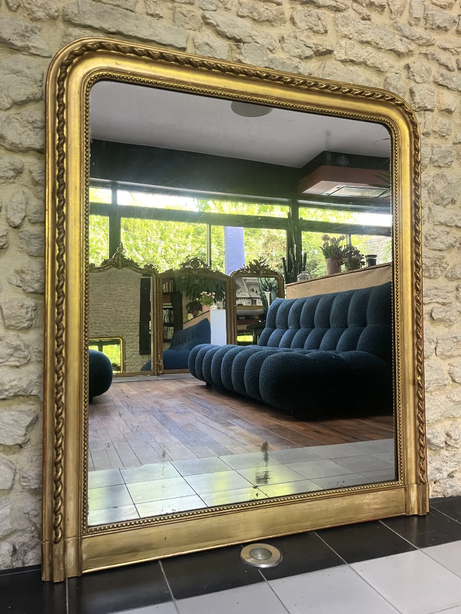 Antique Mantelpiece Mirror 121/103cm Louis-philippe Beaded Gilded With Gold Leaf, Mercury Glass-photo-3