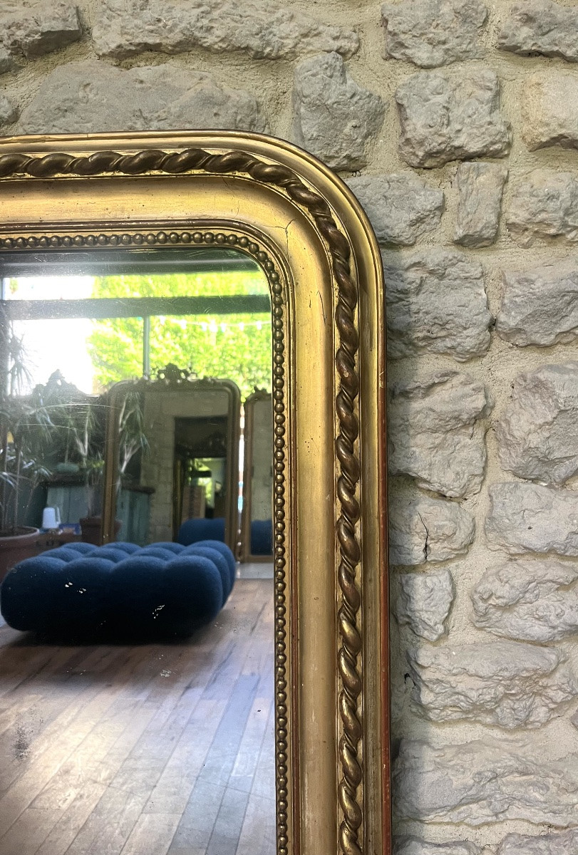 Antique Mantelpiece Mirror 121/103cm Louis-philippe Beaded Gilded With Gold Leaf, Mercury Glass-photo-4