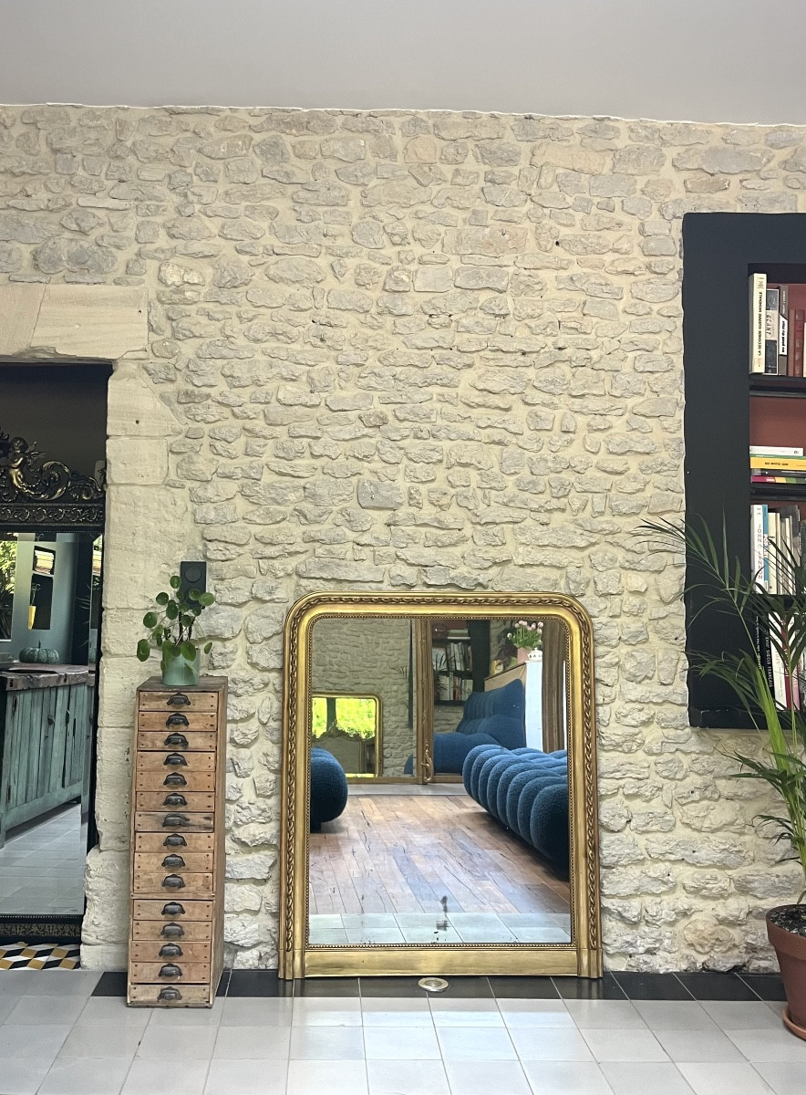Antique Mantelpiece Mirror 121/103cm Louis-philippe Beaded Gilded With Gold Leaf, Mercury Glass