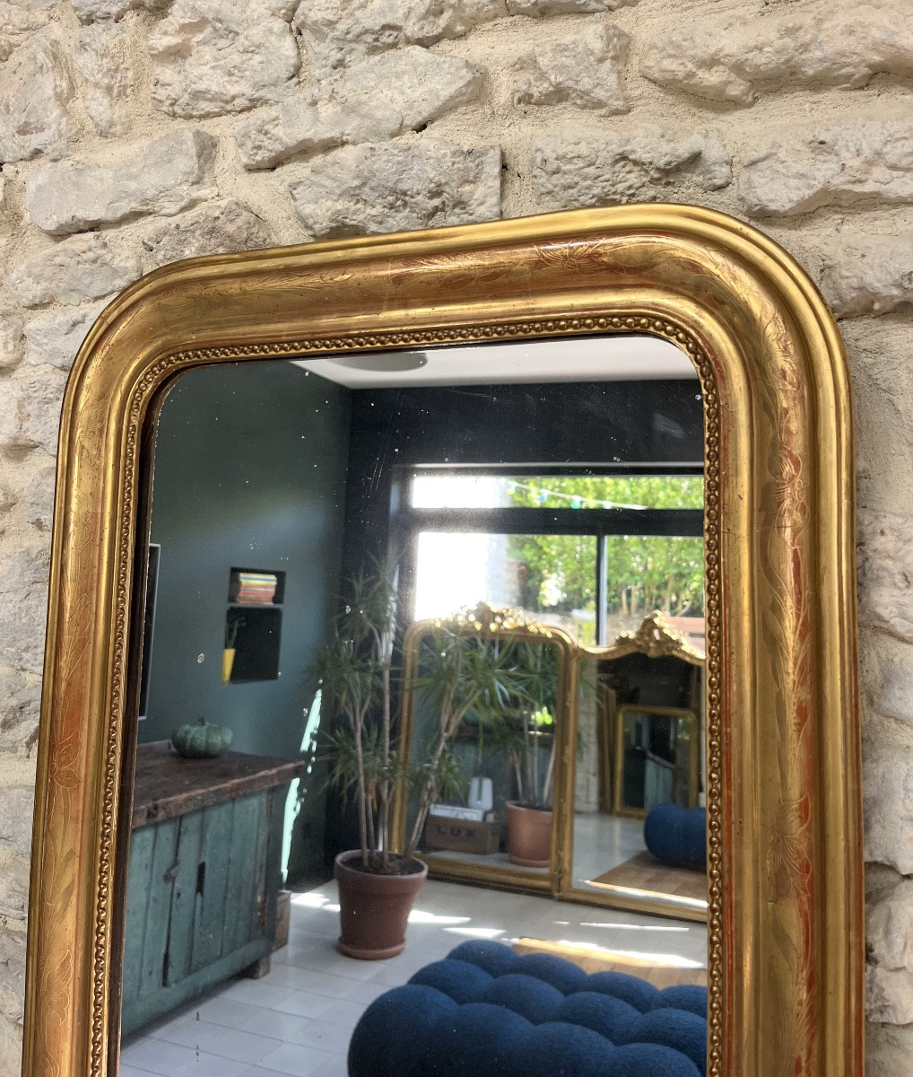 Miroir ancien Louis-Philippe 67,5cm/49,5cm perlé doré à la feuille d’or décor florale-photo-3