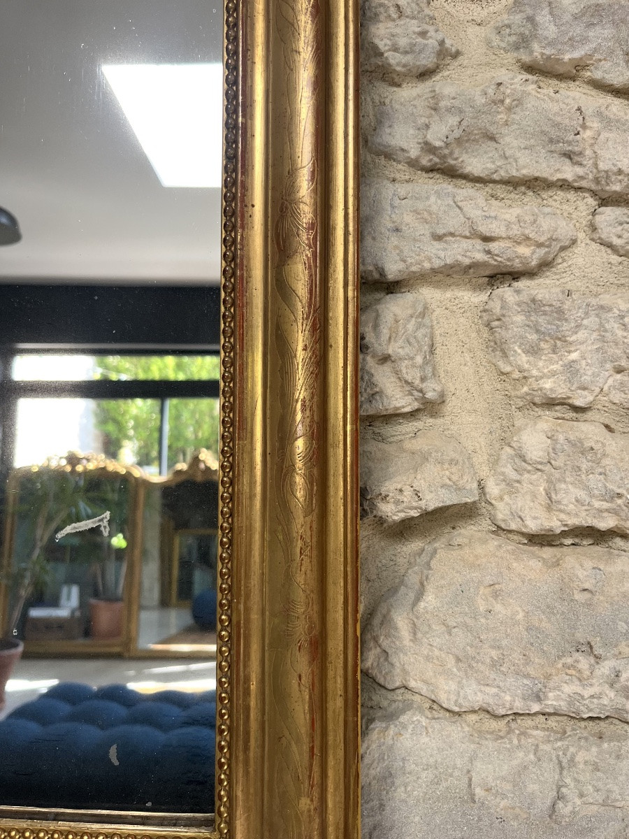Miroir ancien Louis-Philippe 67,5cm/49,5cm perlé doré à la feuille d’or décor florale-photo-4