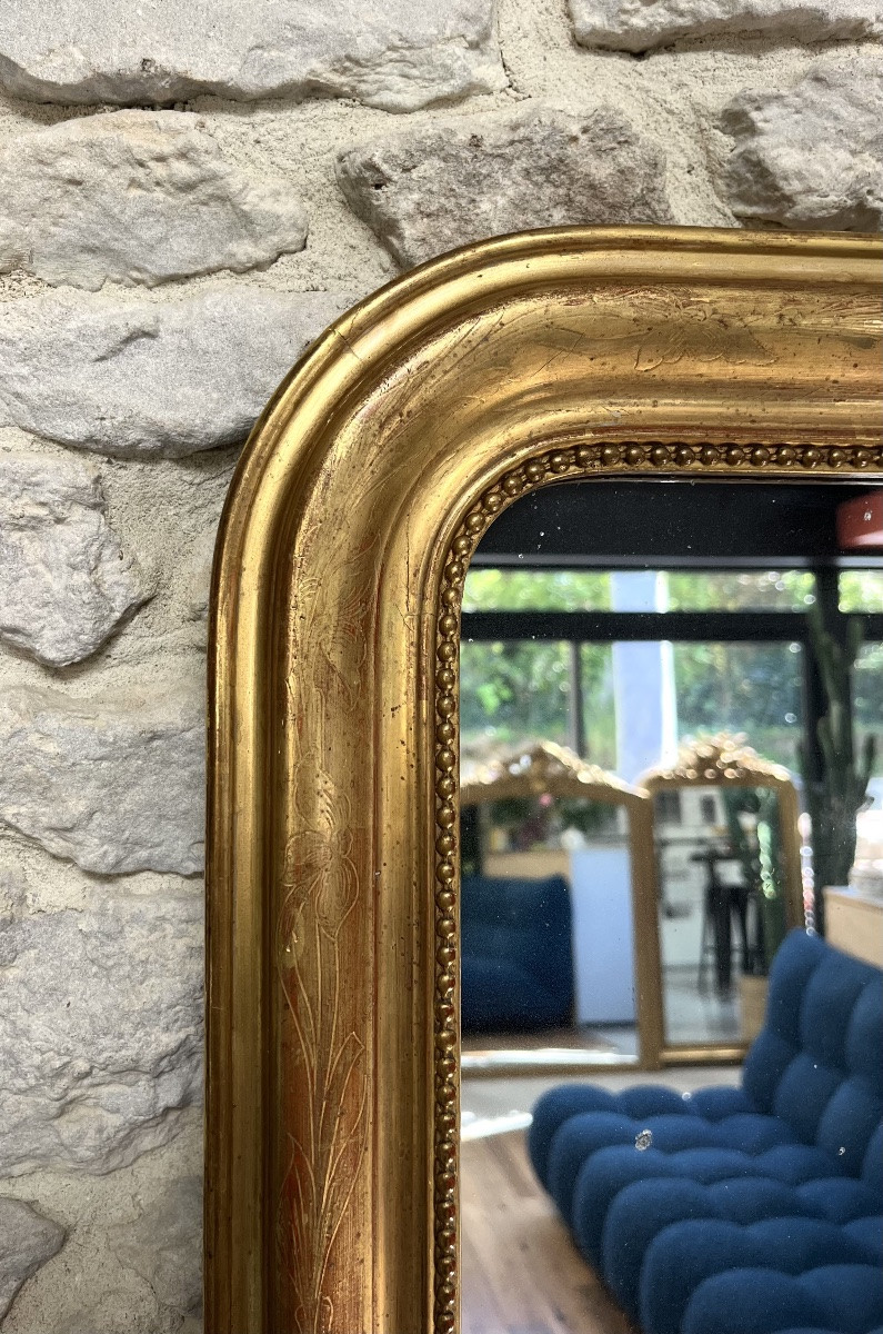 Miroir ancien Louis-Philippe 67,5cm/49,5cm perlé doré à la feuille d’or décor florale-photo-3