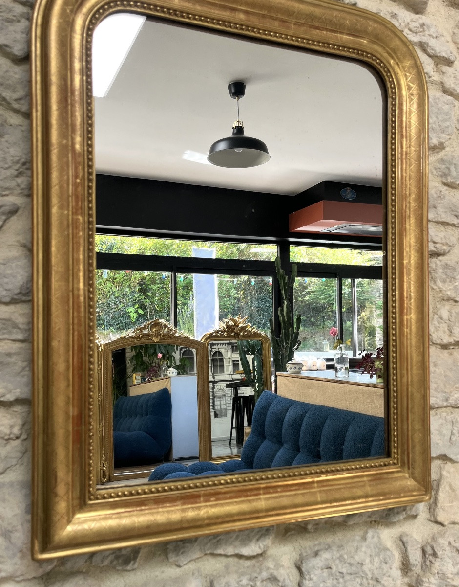 Miroir ancien Louis-Philippe 71/55,5cm perlé doré à la feuille d’or-photo-2