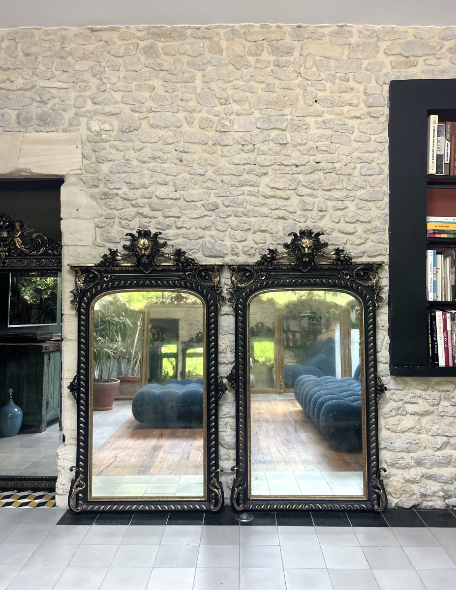 Pair Of Antique Mirrors 163/89,5 With Lion And Beaded Pediments,napoleon III Silver Leaf Mirror