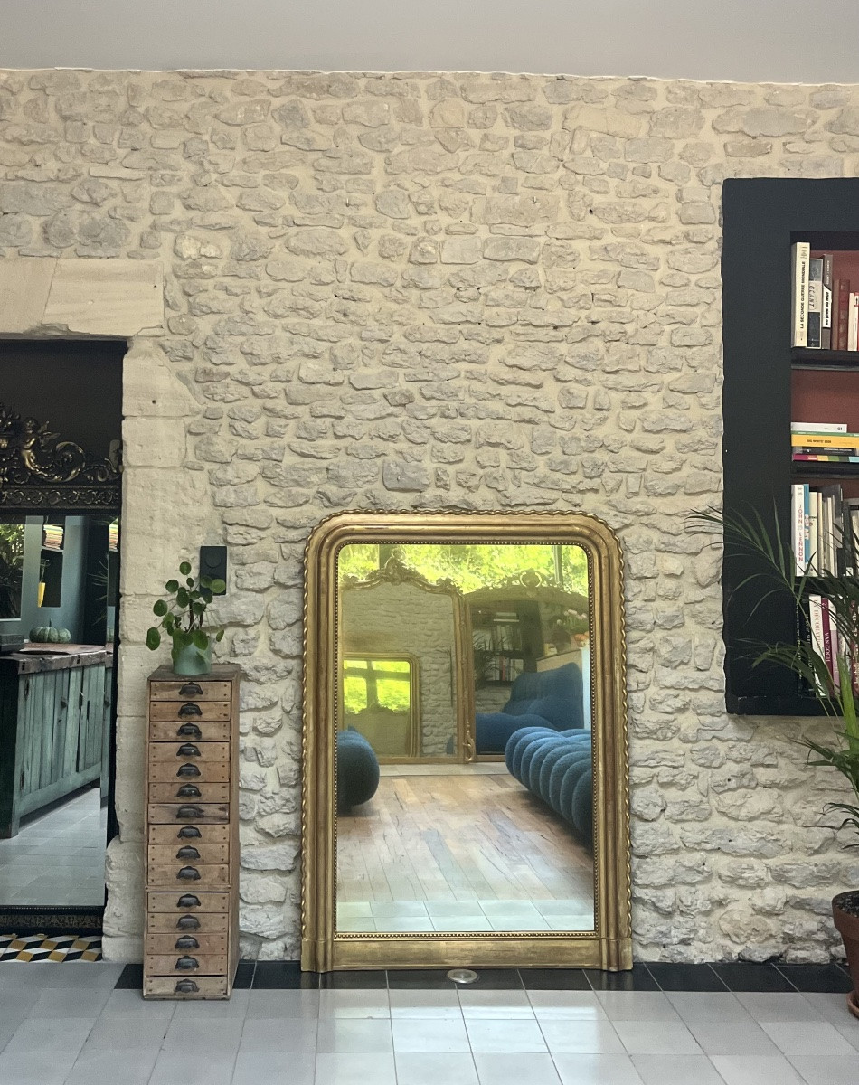 Miroir ancien de cheminée 142/102,5cm Louis-Philippe perlé doré à la feuille d’or, trumeau   -photo-4