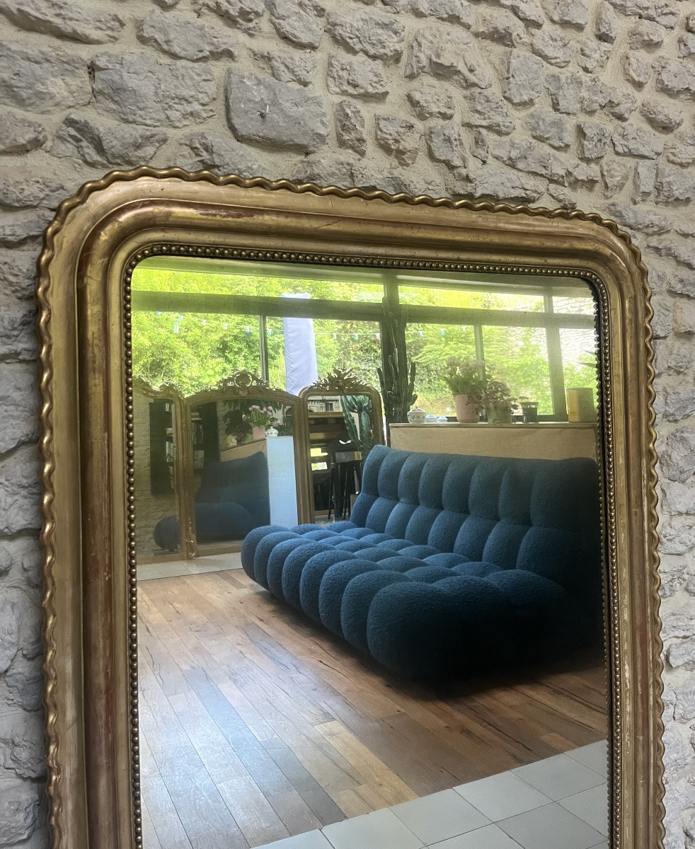 Miroir ancien de cheminée 142/102,5cm Louis-Philippe perlé doré à la feuille d’or, trumeau   -photo-1