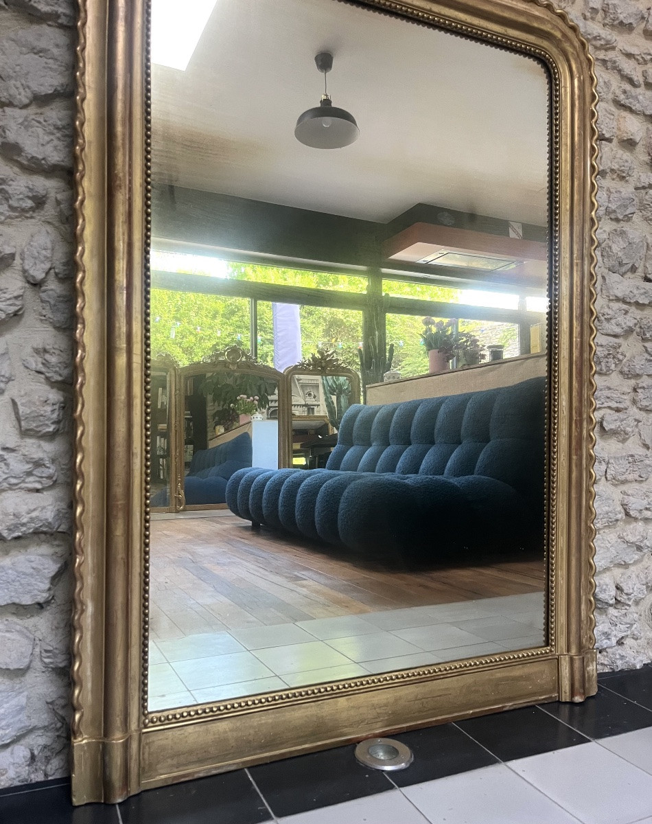 Miroir ancien de cheminée 142/102,5cm Louis-Philippe perlé doré à la feuille d’or, trumeau   -photo-2