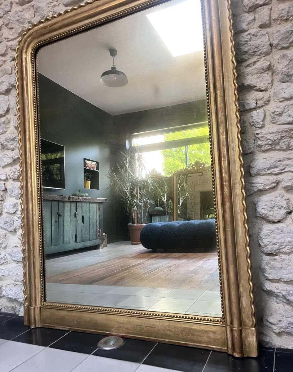 Miroir ancien de cheminée 142/102,5cm Louis-Philippe perlé doré à la feuille d’or, trumeau   -photo-4