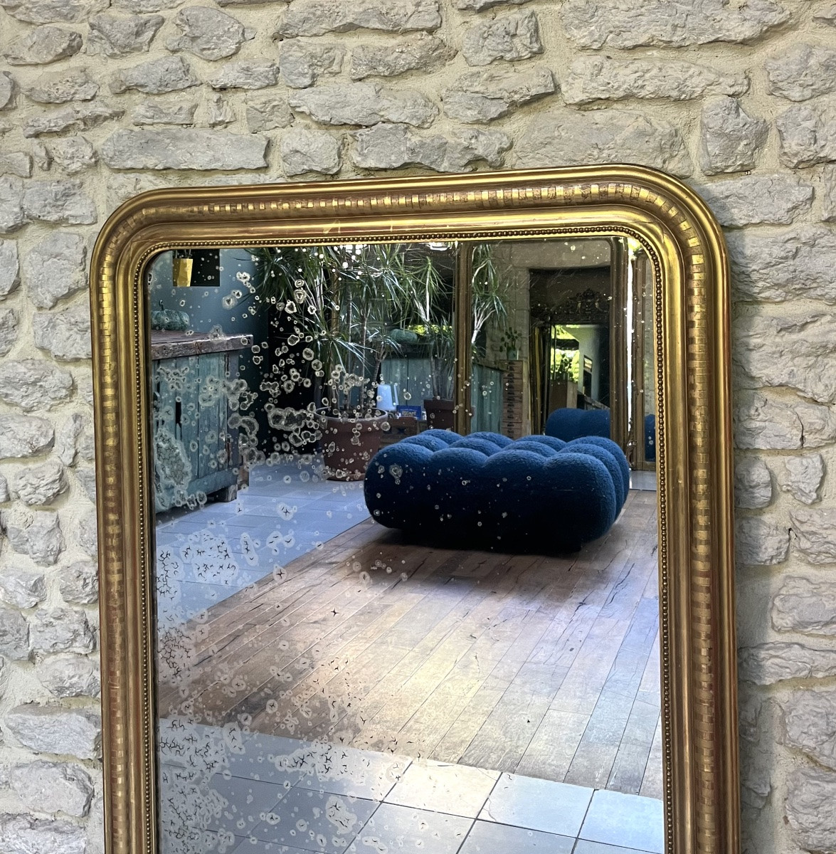 Miroir ancien de cheminée 121,5/96cm Louis Philippe perlé doré feuille d’or trumeau cheminée -photo-3