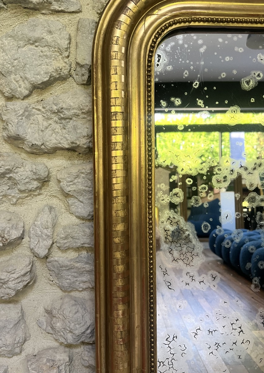 Miroir ancien de cheminée 121,5/96cm Louis Philippe perlé doré feuille d’or trumeau cheminée -photo-6
