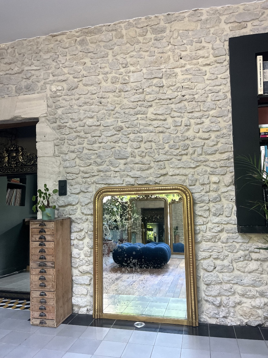 Miroir ancien de cheminée 121,5/96cm Louis Philippe perlé doré feuille d’or trumeau cheminée 