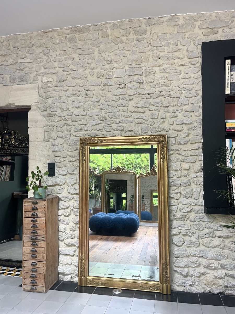 Antique Mantelpiece Mirror 158/95,5cm Empire Period, Gilded With Gold Leaf, Mercury Glass.-photo-2