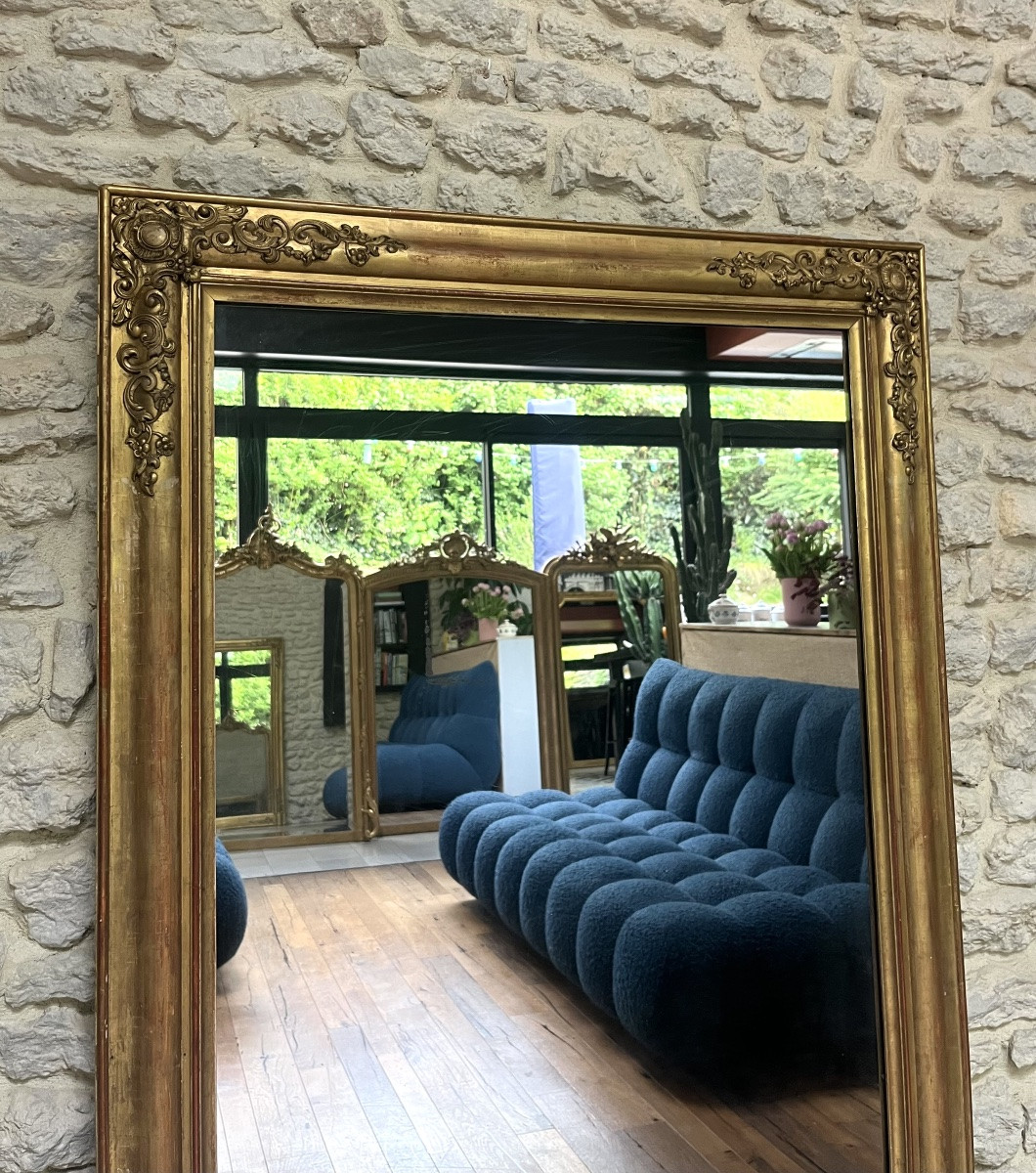 Antique Mantelpiece Mirror 158/95,5cm Empire Period, Gilded With Gold Leaf, Mercury Glass.-photo-1