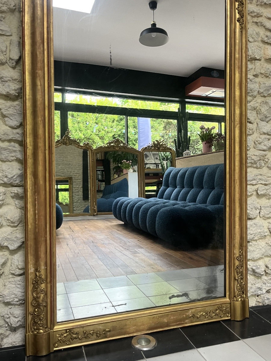 Antique Mantelpiece Mirror 158/95,5cm Empire Period, Gilded With Gold Leaf, Mercury Glass.-photo-2