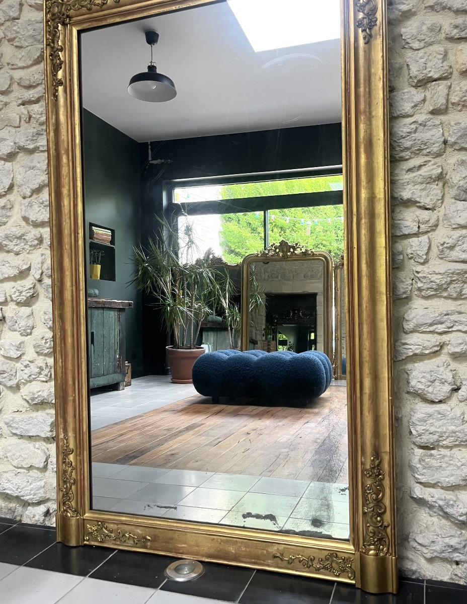 Antique Mantelpiece Mirror 158/95,5cm Empire Period, Gilded With Gold Leaf, Mercury Glass.-photo-3
