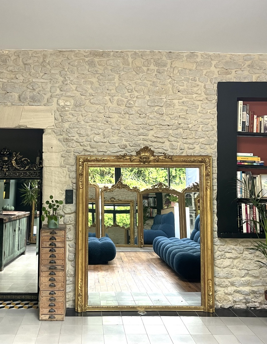 Antique Mantel Mirror 178.5/151cm With Gold Leaf Pediment, Mercury Glass, Trumeau-photo-2