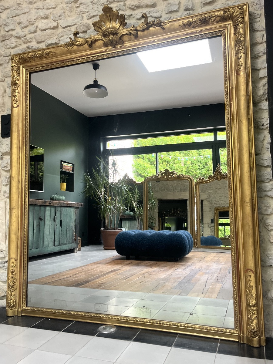 Antique Mantel Mirror 178.5/151cm With Gold Leaf Pediment, Mercury Glass, Trumeau-photo-3