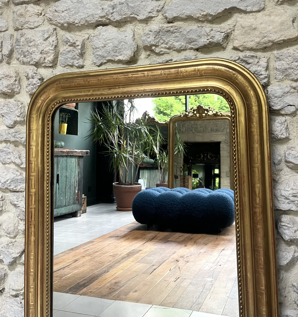Miroir ancien 98,5/74cm Louis Philippe doré à la feuille d’or décors géométriques -photo-2