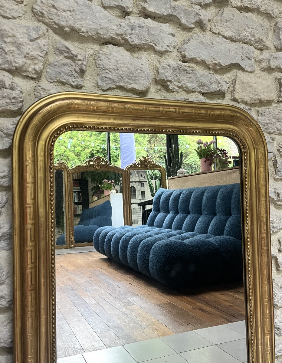 Miroir ancien 98,5/74cm Louis Philippe doré à la feuille d’or décors géométriques -photo-3