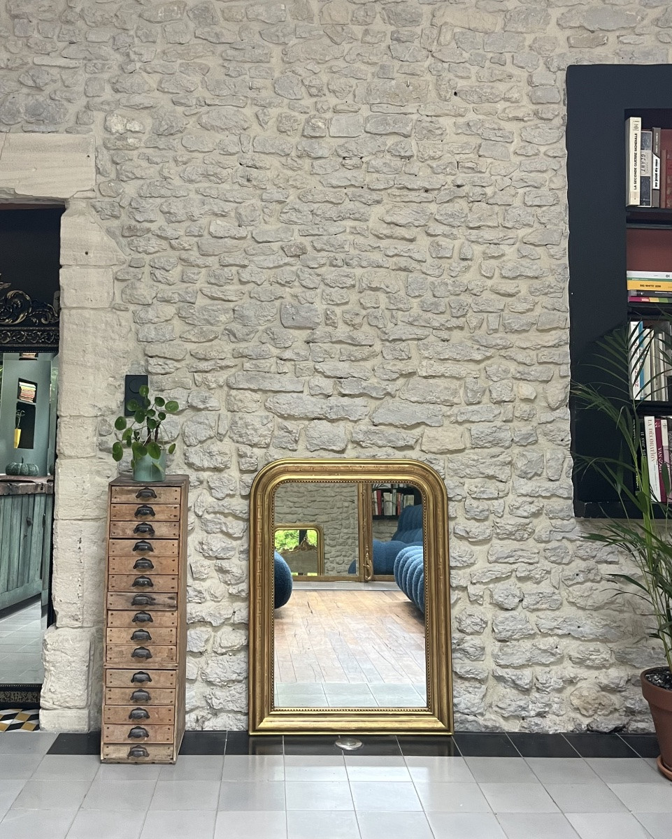 Miroir ancien 98,5/74cm Louis Philippe doré à la feuille d’or décors géométriques -photo-4