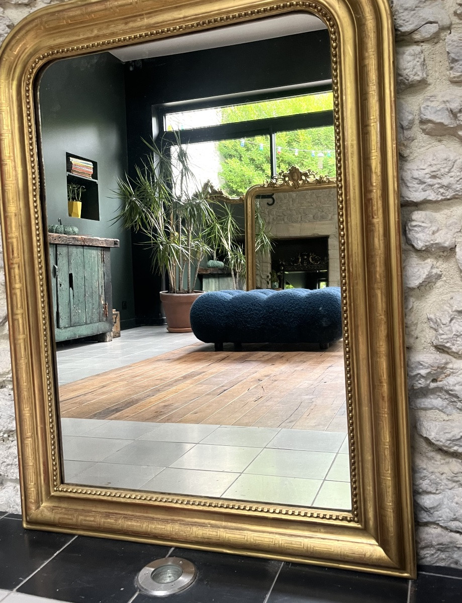 Miroir ancien 98,5/74cm Louis Philippe doré à la feuille d’or décors géométriques -photo-1