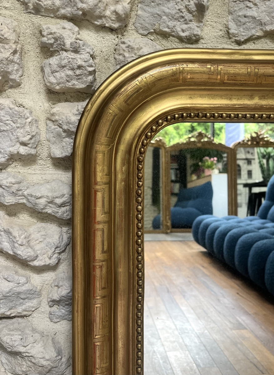 Miroir ancien 98,5/74cm Louis Philippe doré à la feuille d’or décors géométriques -photo-5