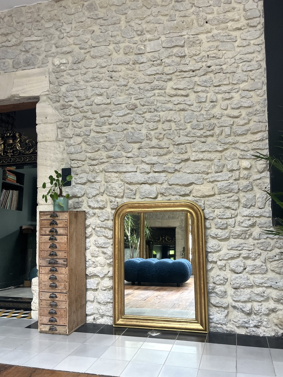Miroir ancien 98,5/74cm Louis Philippe doré à la feuille d’or décors géométriques 
