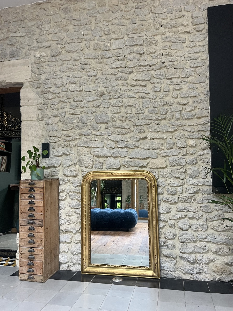 Antique Louis-philippe Beaded Mirror 99.5/75.5cm Sublime Gold Leaf Geometric Decorations-photo-1