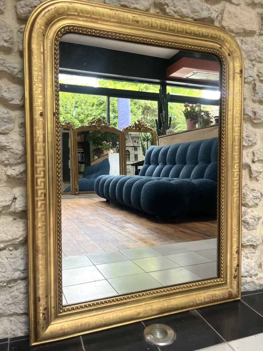 Antique Louis-philippe Beaded Mirror 99.5/75.5cm Sublime Gold Leaf Geometric Decorations-photo-2