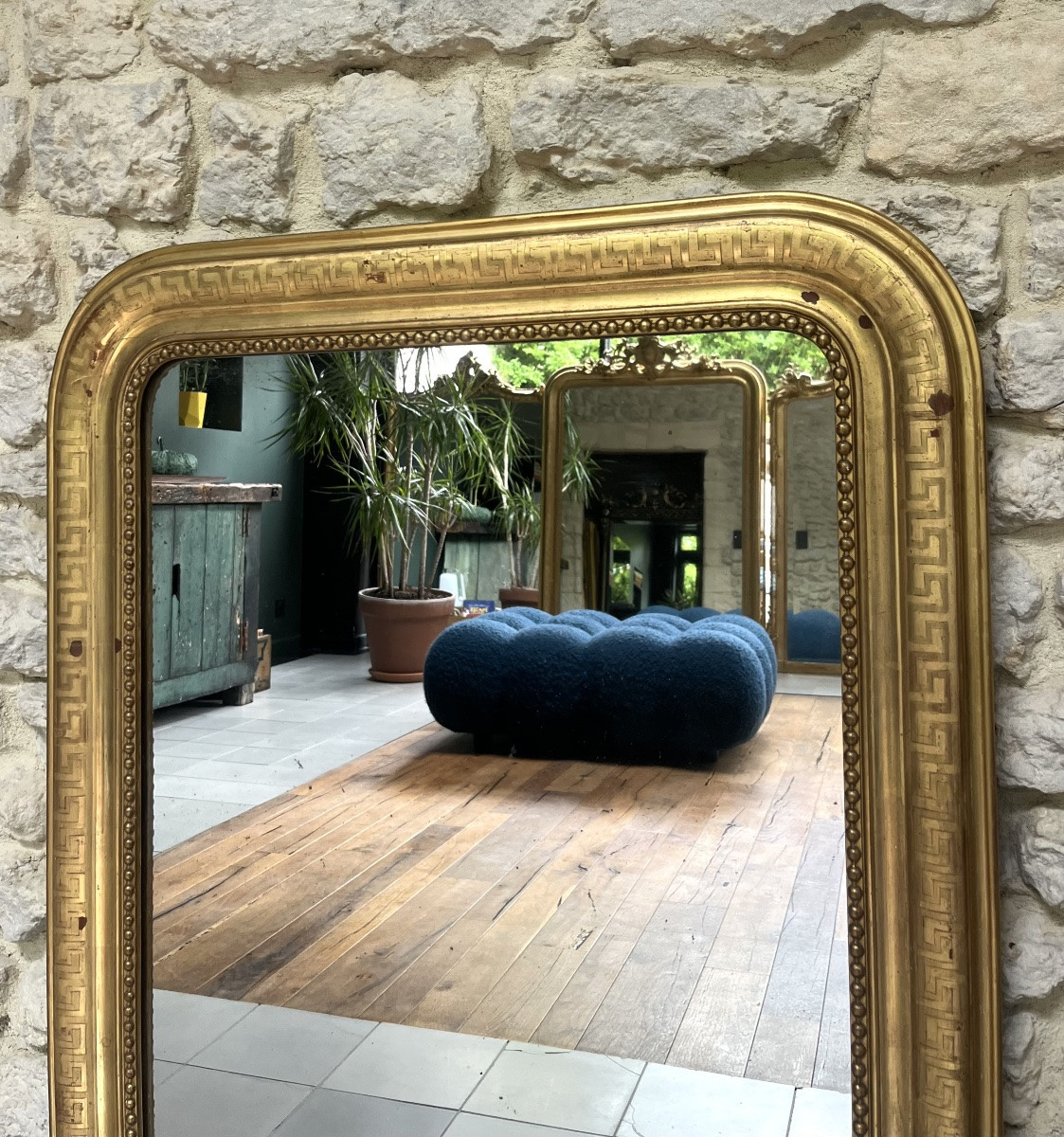Antique Louis-philippe Beaded Mirror 99.5/75.5cm Sublime Gold Leaf Geometric Decorations-photo-3