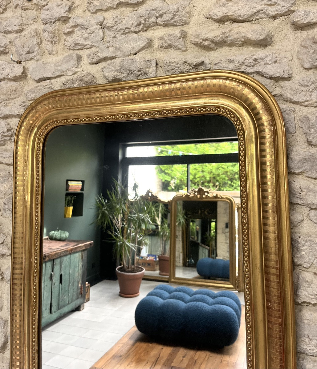 Miroir ancien 91,5/68,5cm  Louis-Philippe perlé doré à la feuille d’or décors géométriques -photo-2