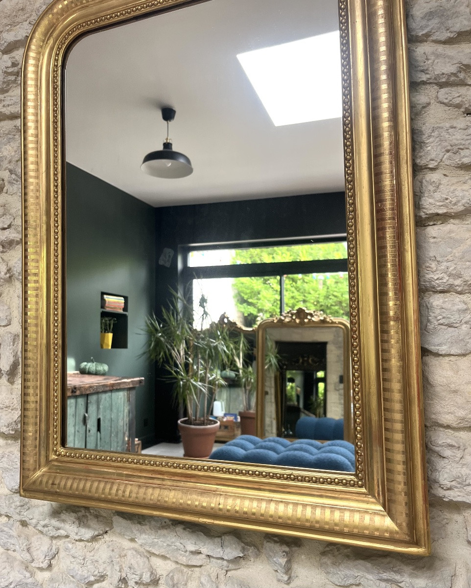 Miroir ancien 91,5/68,5cm  Louis-Philippe perlé doré à la feuille d’or décors géométriques -photo-3