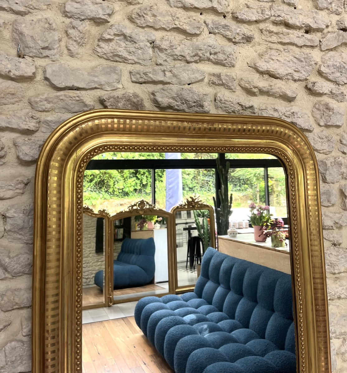 Miroir ancien 91,5/68,5cm  Louis-Philippe perlé doré à la feuille d’or décors géométriques -photo-1