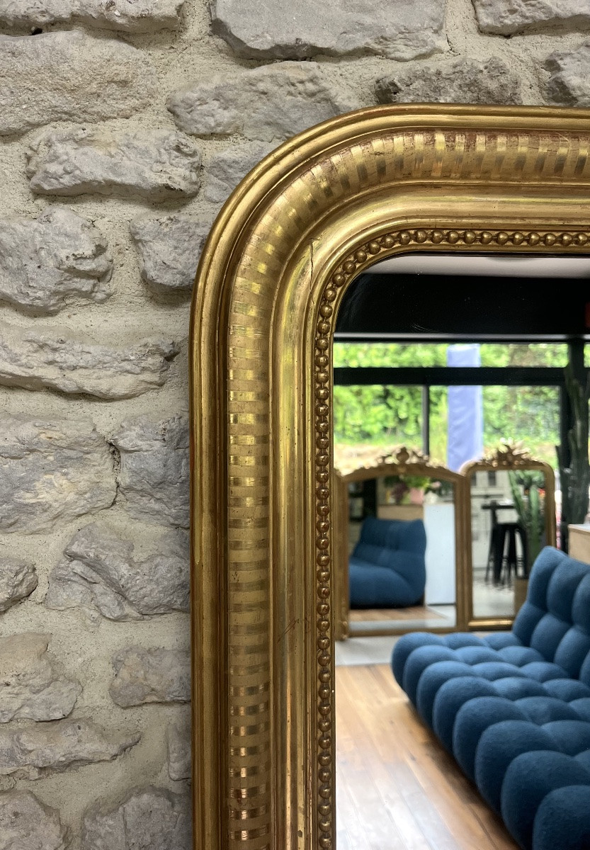 Miroir ancien 91,5/68,5cm  Louis-Philippe perlé doré à la feuille d’or décors géométriques -photo-4