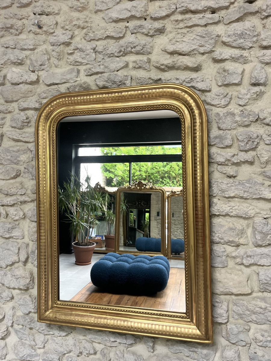 Miroir ancien 91,5/68,5cm  Louis-Philippe perlé doré à la feuille d’or décors géométriques 